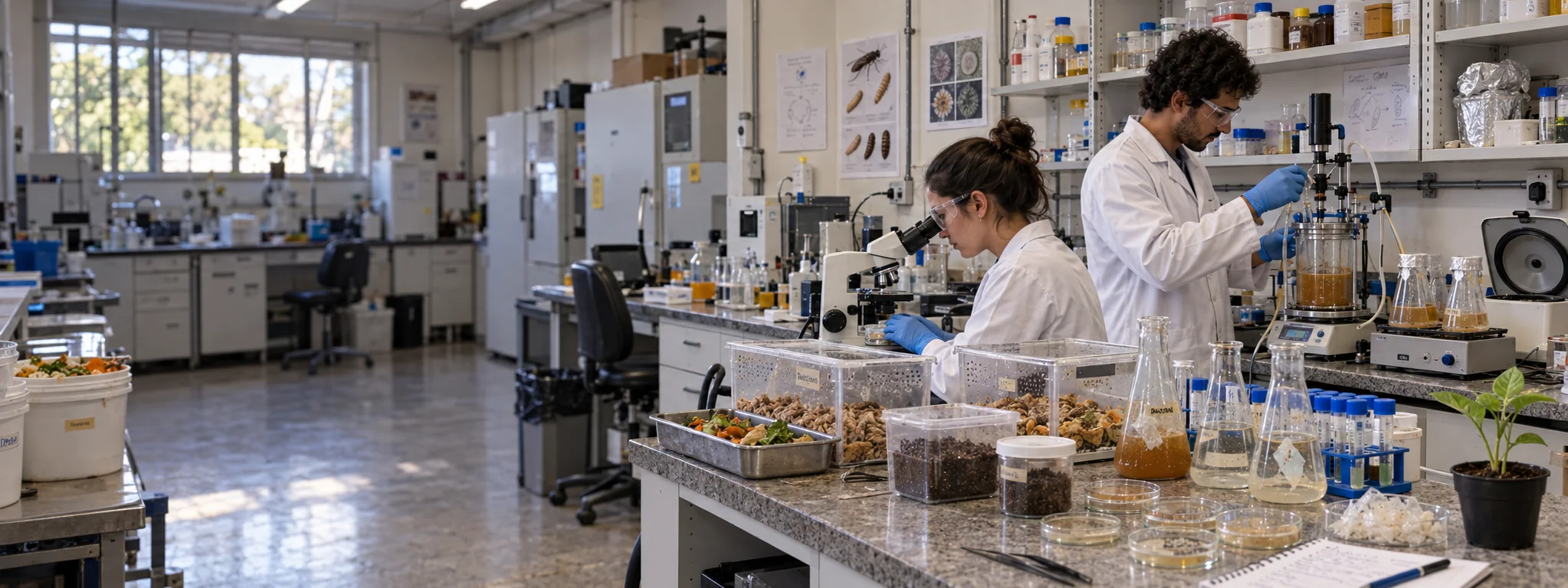Laboratório de bioconversão com biorreatores, insetos e amostras de biomassa.