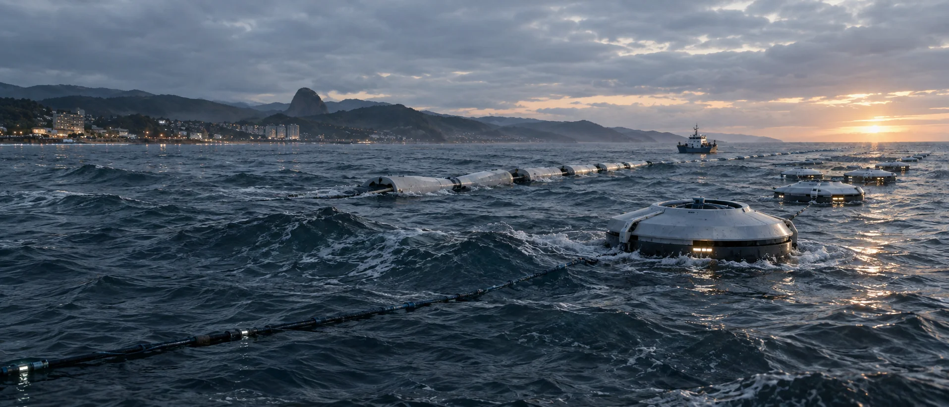 Dispositivo de energia das ondas instalado próximo à costa ao amanhecer.