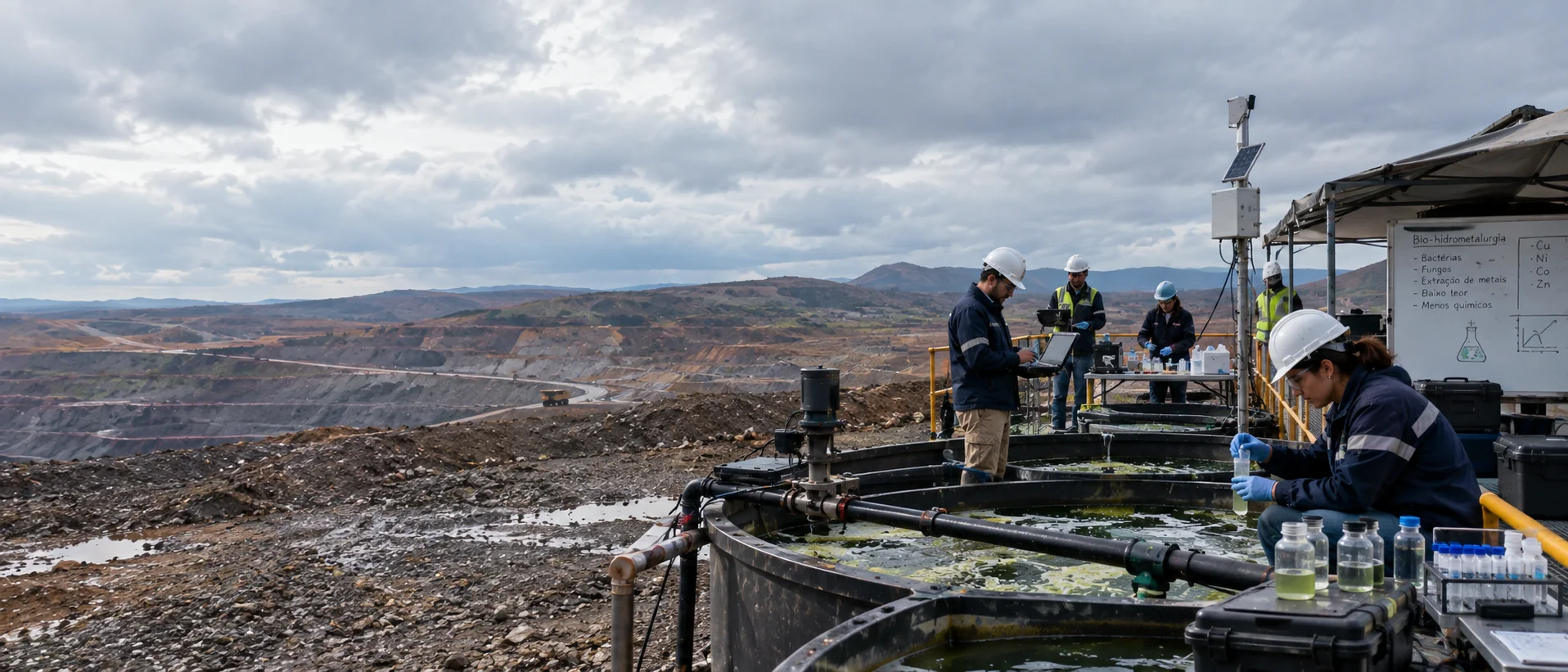 Operação de mineração moderna integrada a paisagem recuperada e infraestrutura de baixo impacto.